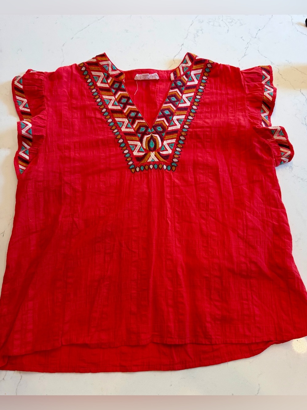 THML Embroidered coral Red V-Neck Women’s Top
